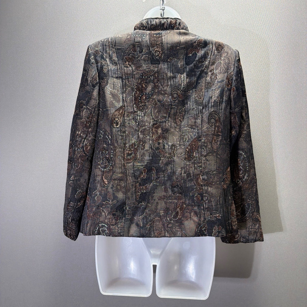 TanJay Petites Jacket Womens Brown Black Metallic Paisley Ruffle Zip Front Lined