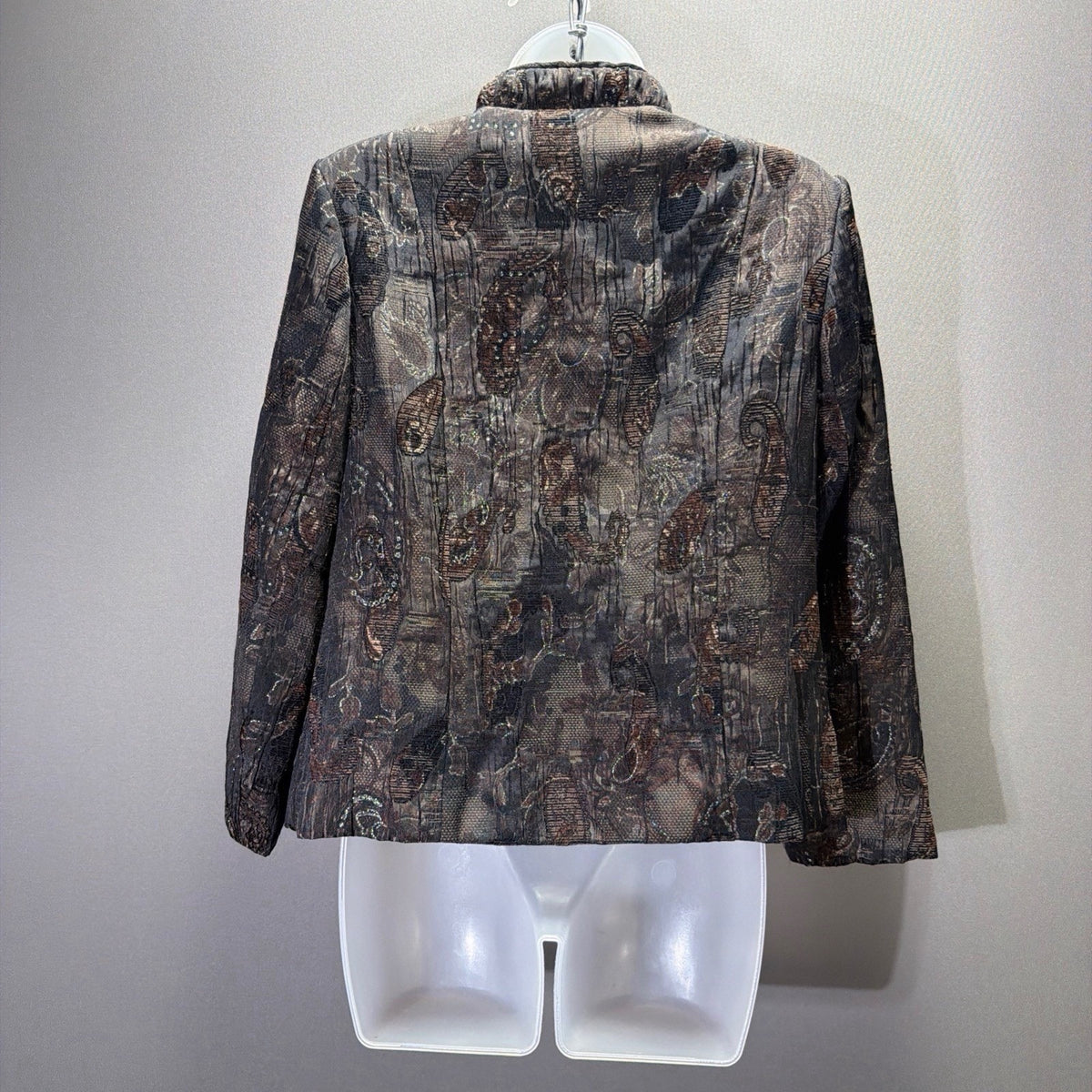 TanJay Petites Jacket Womens Brown Black Metallic Paisley Ruffle Zip Front Lined