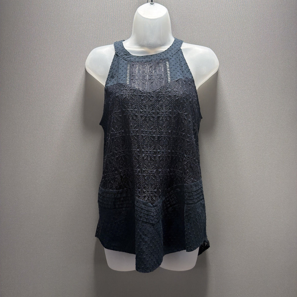 Women’s Medium Navy Blue Crochet Lace Trim Sleeveless Blouse Top Tank By Lee