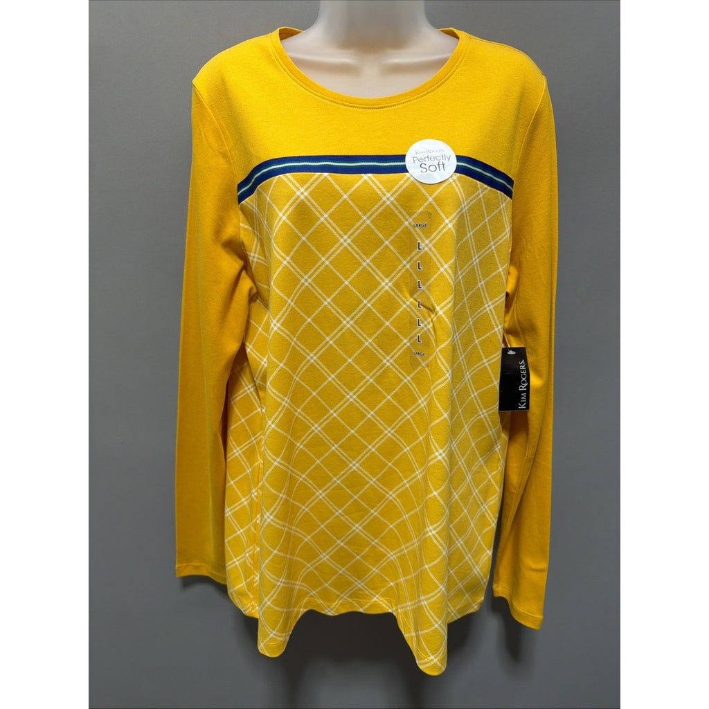 Kim Rogers Shirt Women's L Perfectly Soft Gold Yellow Plaid Stretch Casual New