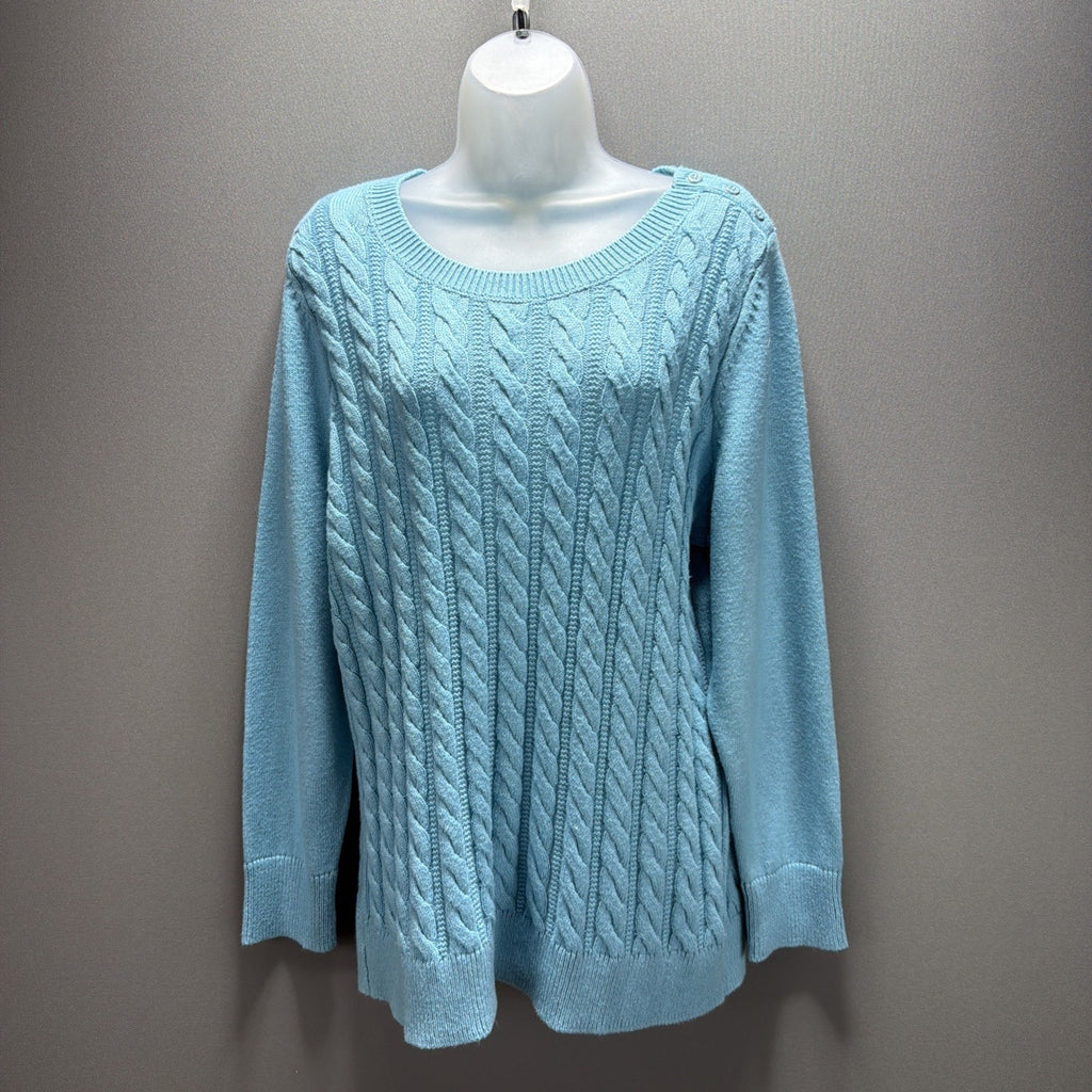Talbots Plus 1X Cable Knit Sweater Shoulder Button Detail Aqua Blue New W Tag