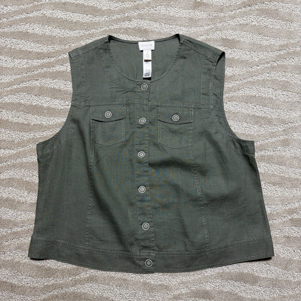 Chico's Linen Crochet Lace Back Vest 3 XL Olive Green Excellent Button Front