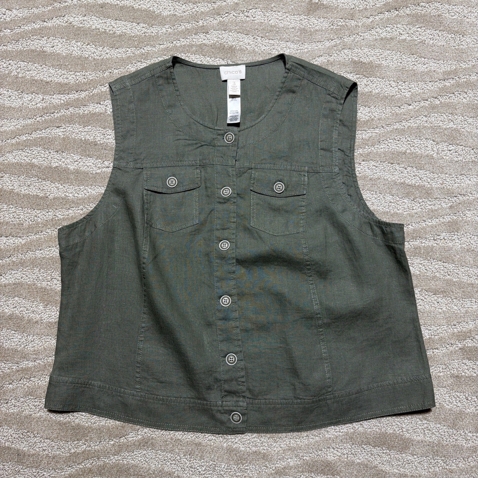 Chico's Linen Crochet Lace Back Vest 3 XL Olive Green Excellent Button Front