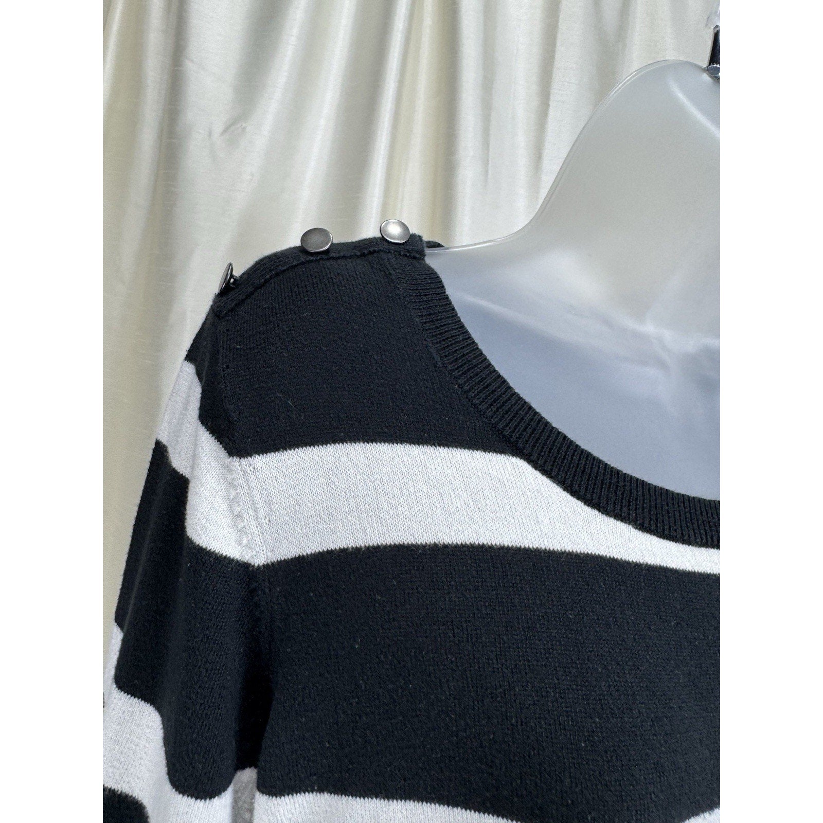 Ann Tayler Loft Women's Sweater, Black and White Striped, Size XL Button Accent