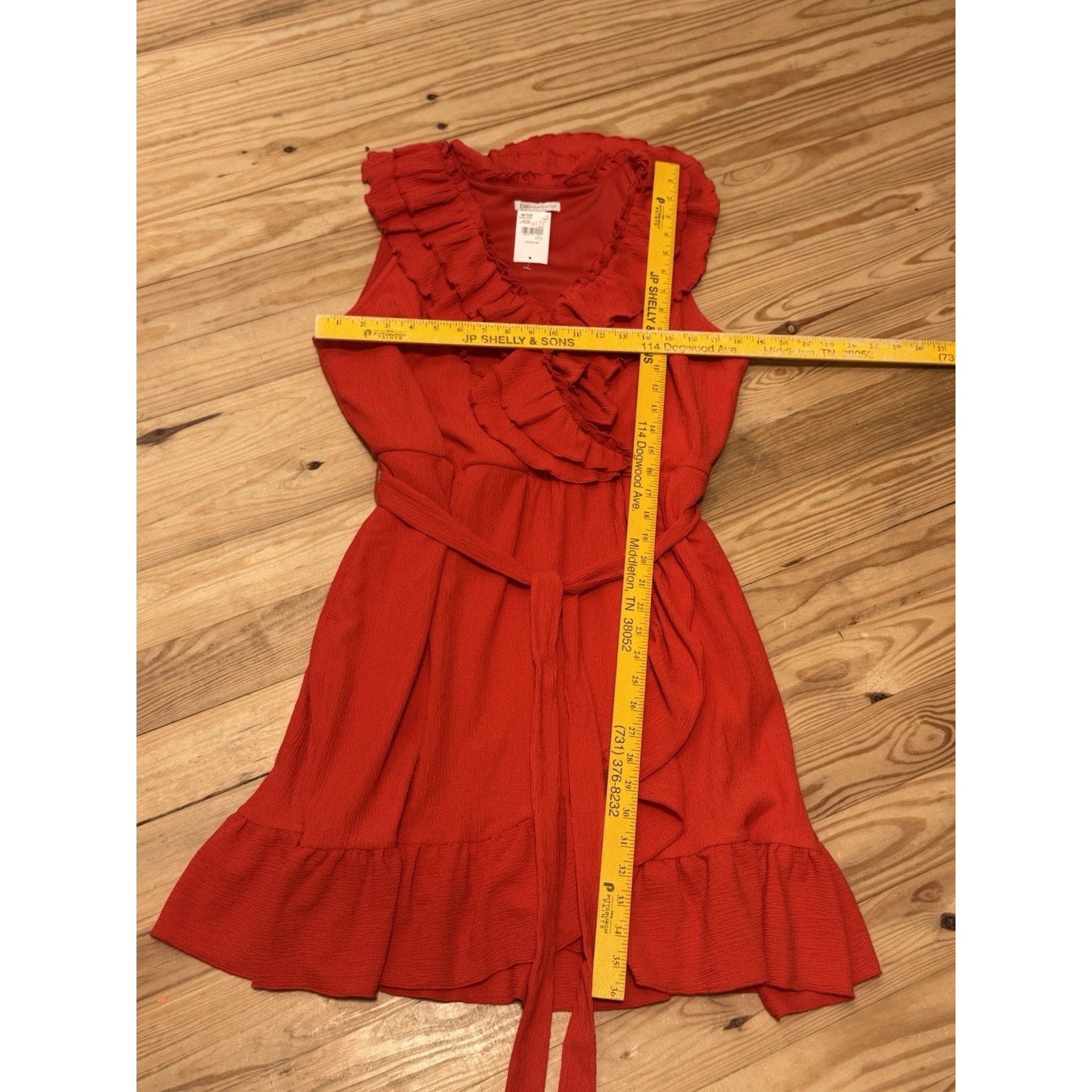 Cato Red Ruffle Flutter Trim V-Neck A-Line Dress Waist Tie Women’s Size Large