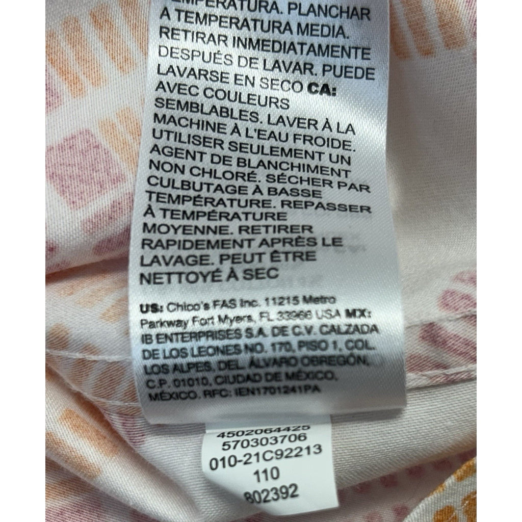 Chico's Summer White Wrinkle-free Cotton Blouse Pink Orange Sz00 US 0/2