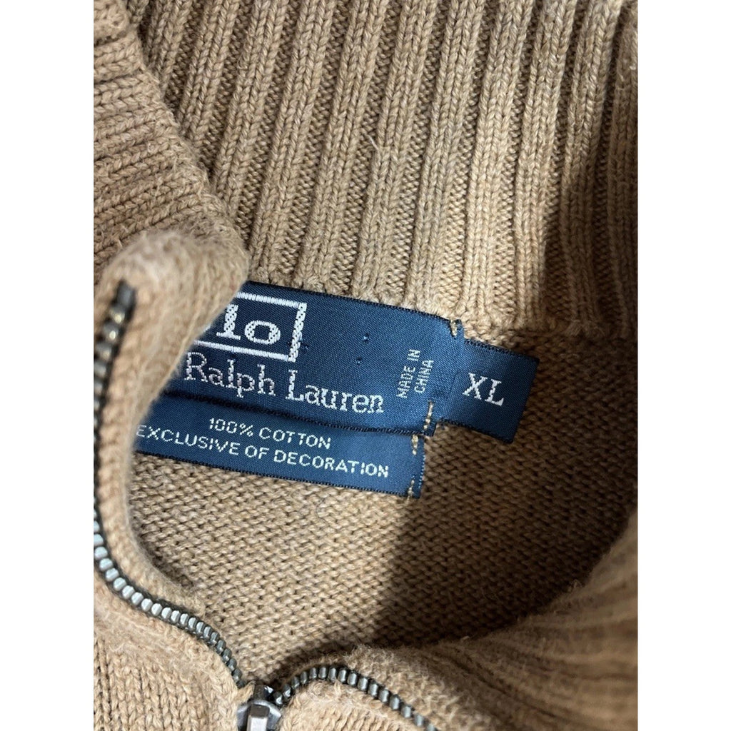 Polo Ralph Lauren Sweater Mens XL Tan Brown 1/4 Zip Cotton Pony Quiet Luxury