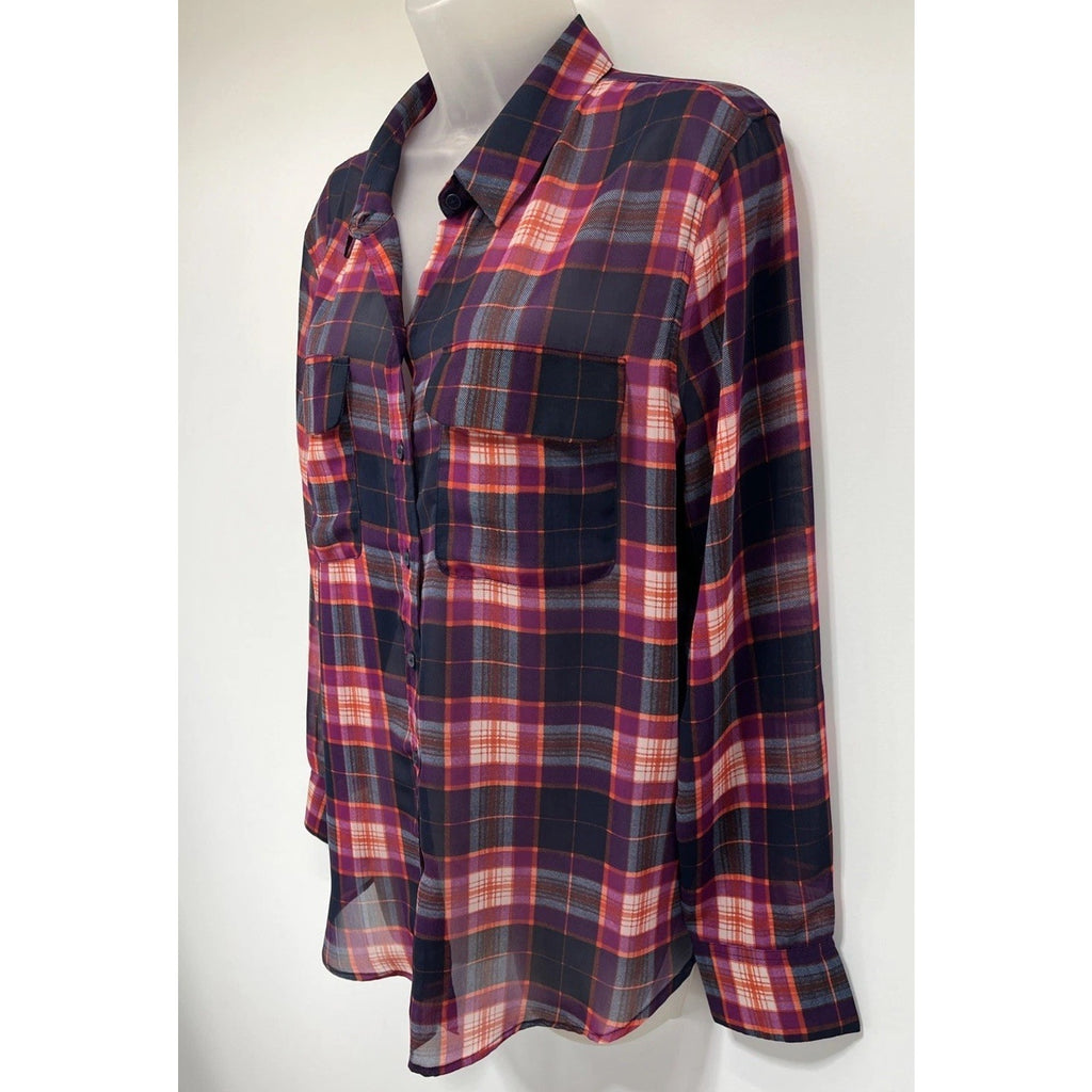 Banana Republic Factory Button-up Shirt Sheer Pink Blue Plaid Long Sleeve Lp