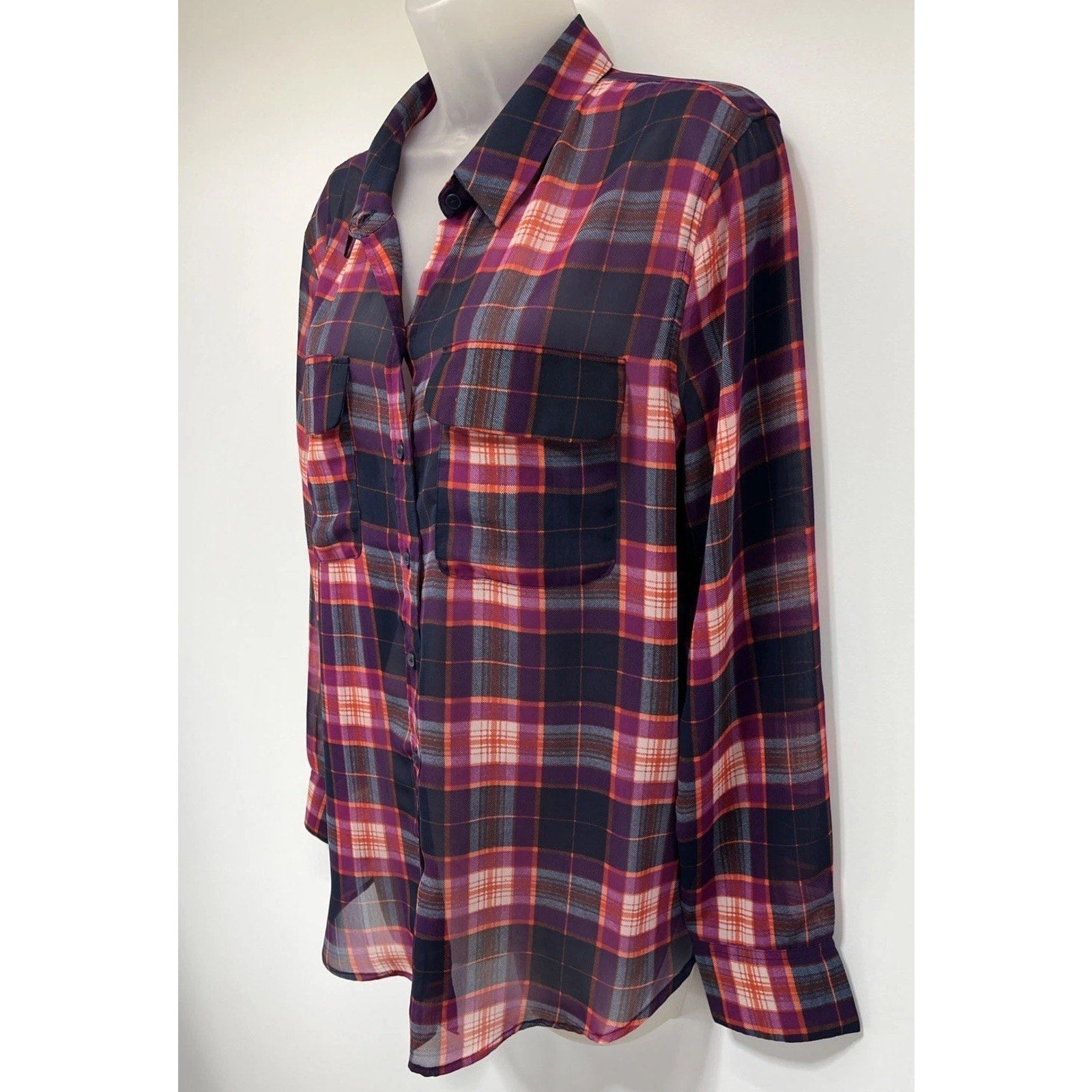 Banana Republic Factory Button-up Shirt Sheer Pink Blue Plaid Long Sleeve Lp