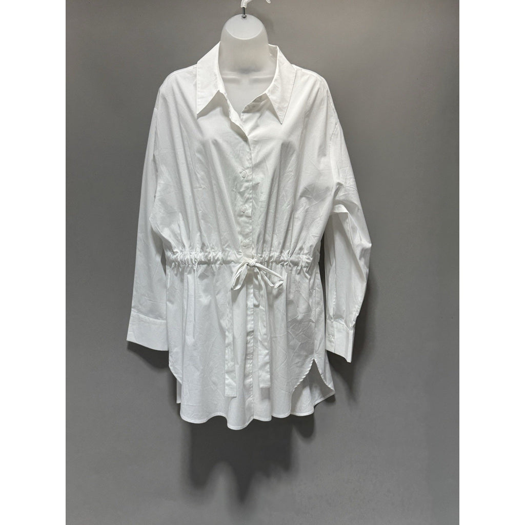 Lane Bryant Womens Button Front Shirt 26 White Long Sleeve Pleated Dip Hem Back