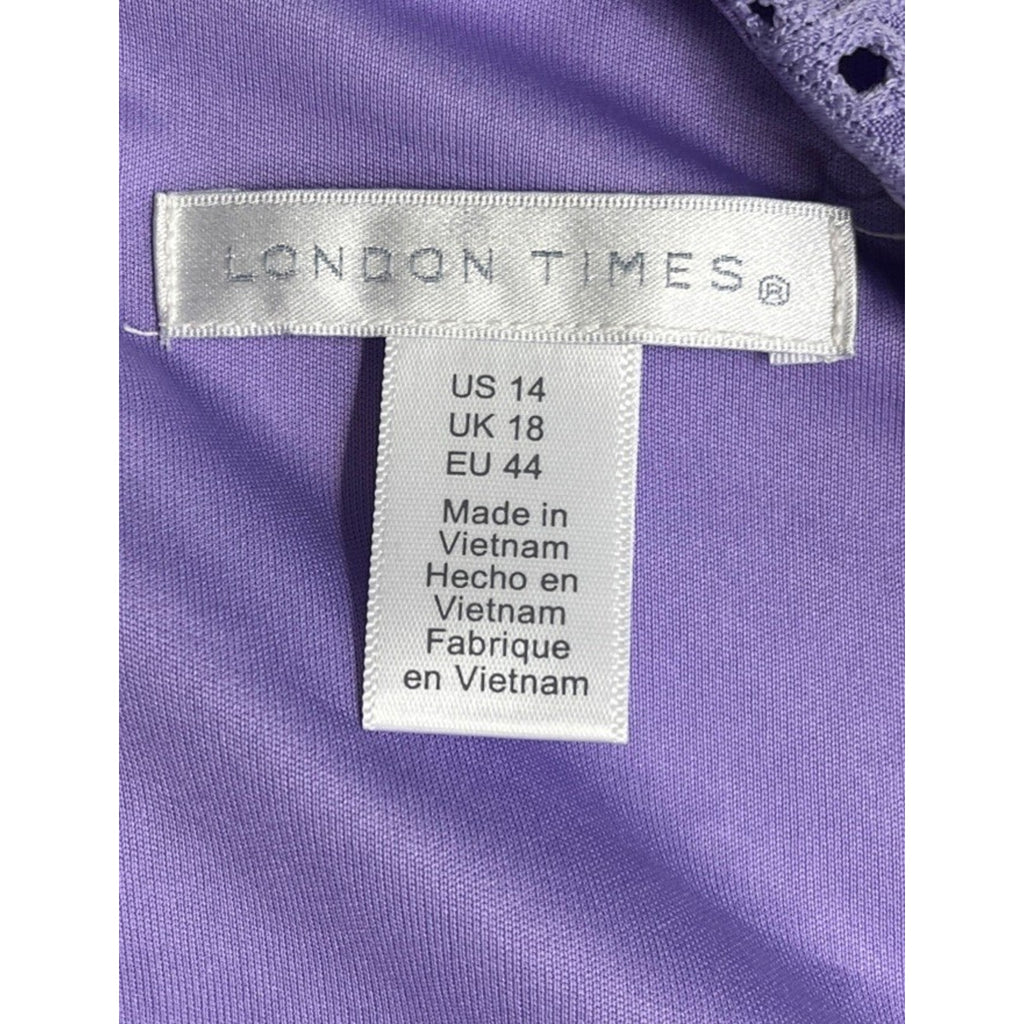NWT London Times Women's Lined Short Sleeve Ruffle Wrap Dress, Violet Tulip 14