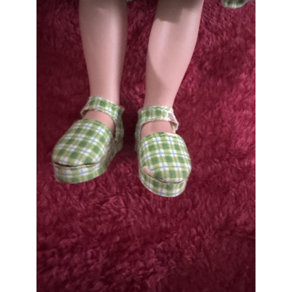 Vintage 9” Brunette Girl Doll Green Gingham Dress Knit Sweater Shoes Blue Eyes