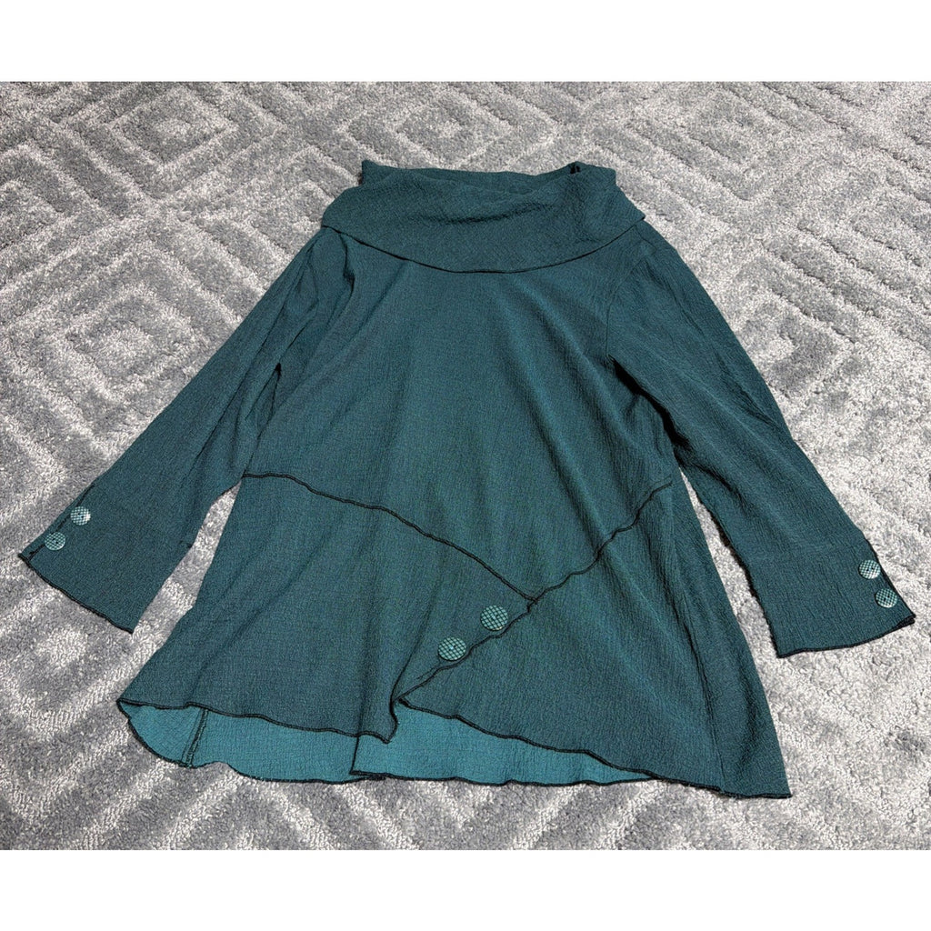 Ali Miles Roll Up 3/4Sleeve Cowl Neck Asymmetric Textured S Teal Green Tunic Top
