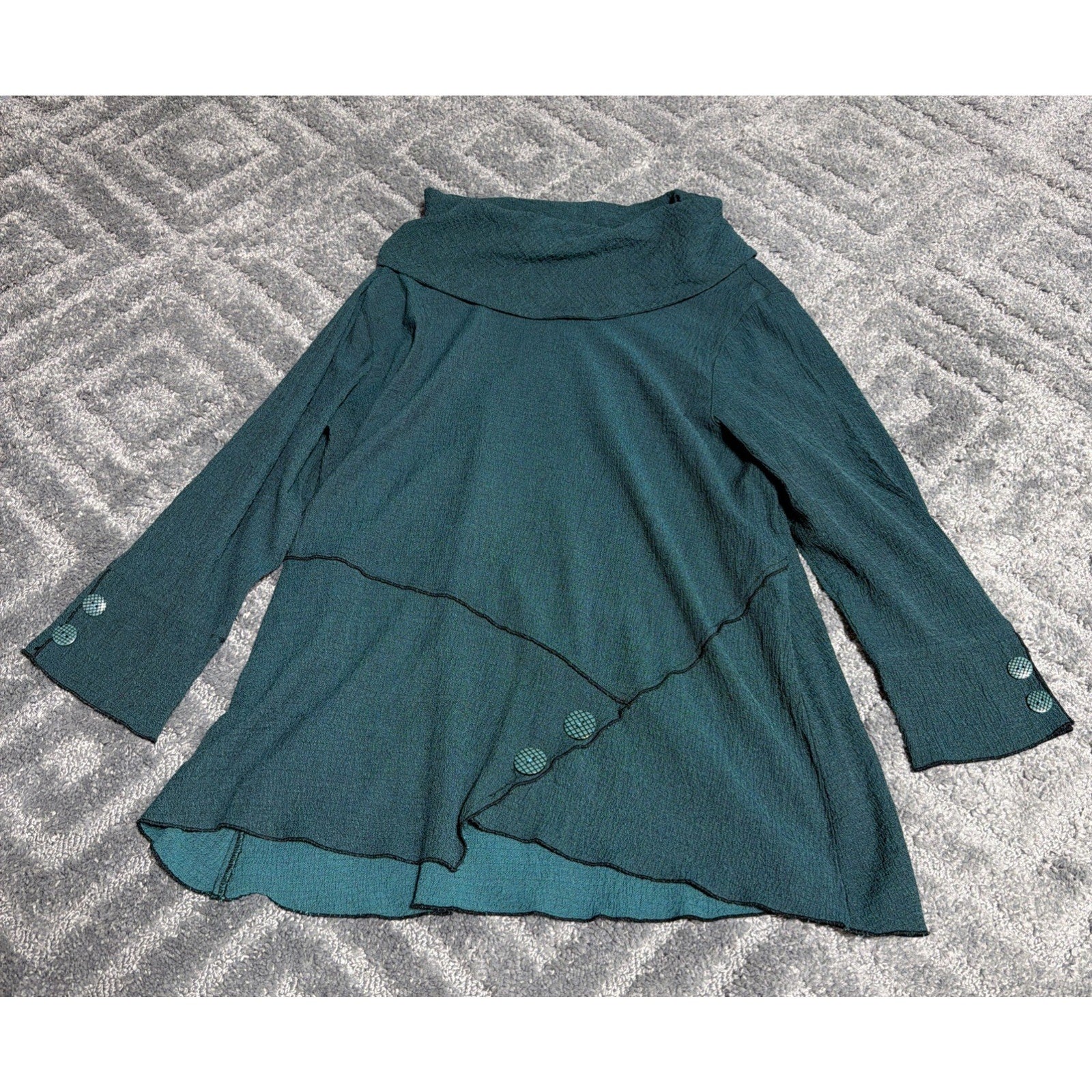 Ali Miles Roll Up 3/4Sleeve Cowl Neck Asymmetric Textured S Teal Green Tunic Top