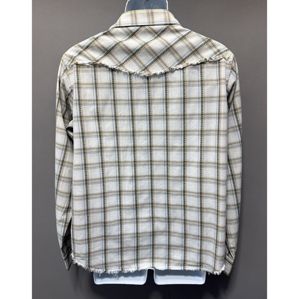 BKE 67 Shirt Mens Large Ivory Blue Plaid Long Sleeve Pearl Snap Western Rodeo