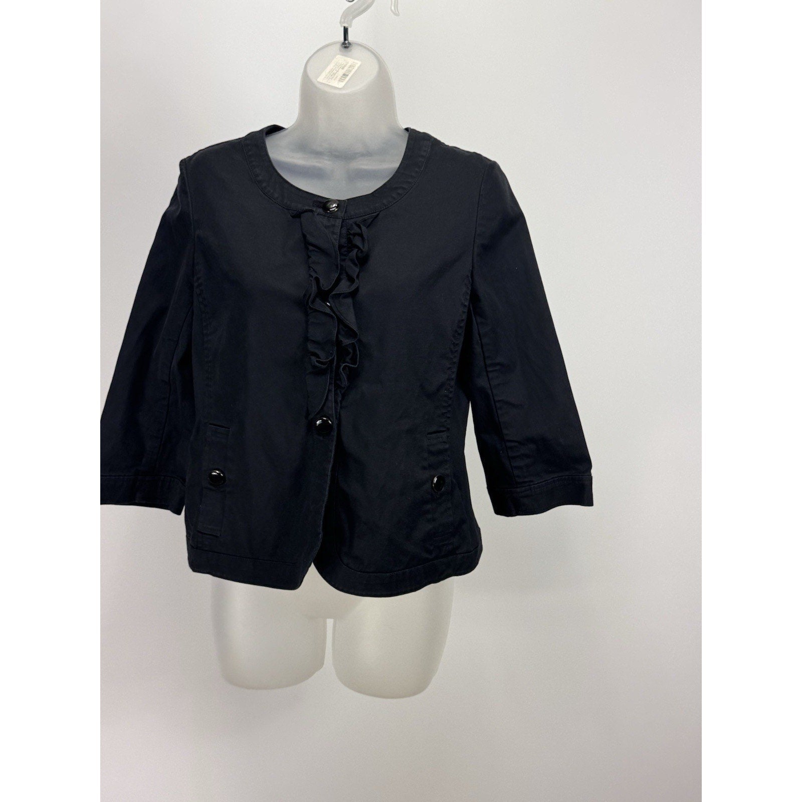 Talbots Blazer Women's 6P Petite Black 3/4 Sleeve Ruffle Trim Button Up Career