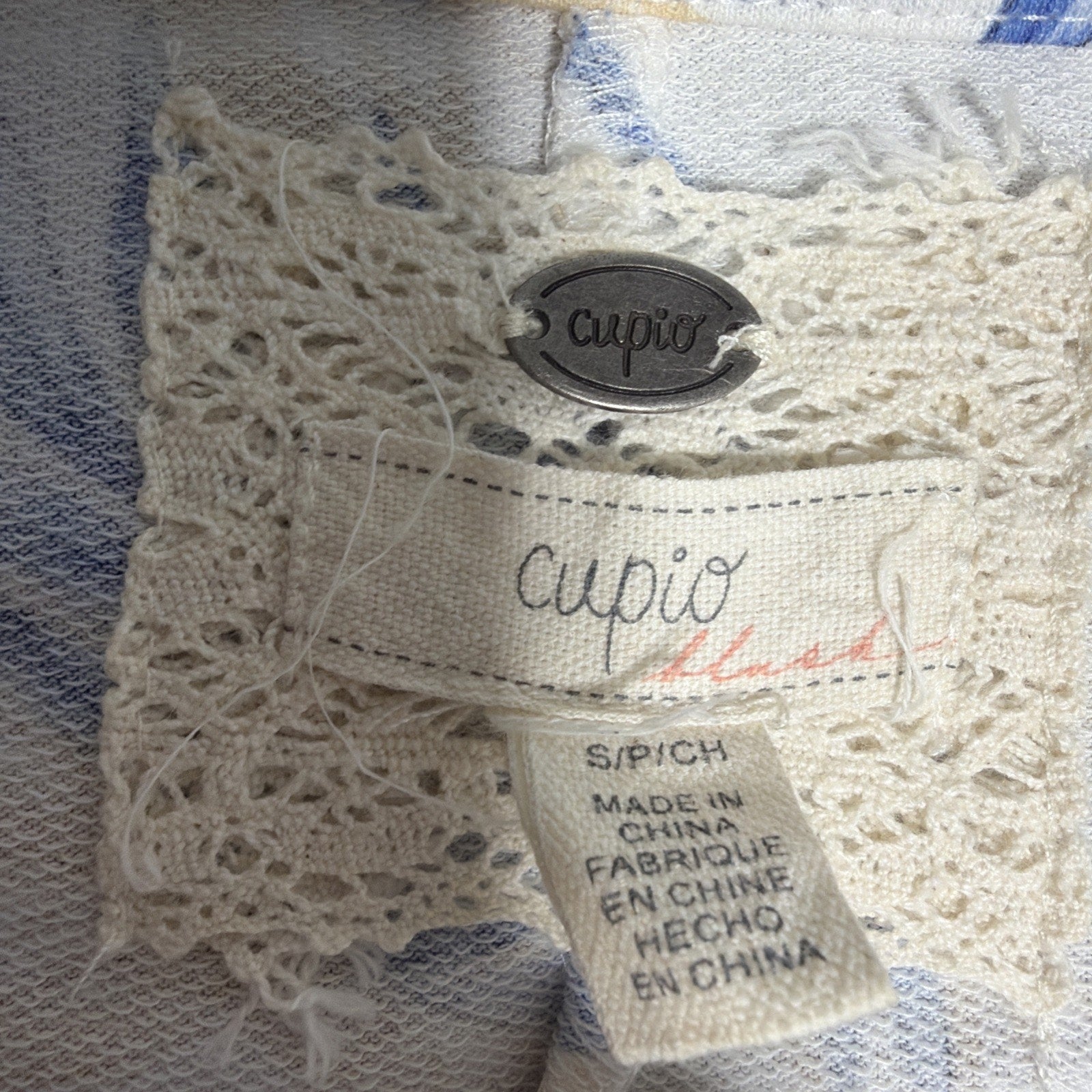 Cupio Women's Top Short Sleeve Slub Knit Blouse Blue White Floral Stretchy Small