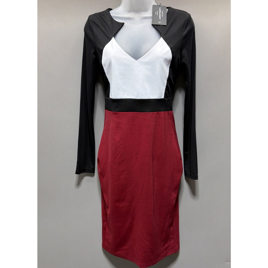 New LUNAJANY Black White Red Colorblock Bodycon V-Neck Long Sleeve Knee Dress M