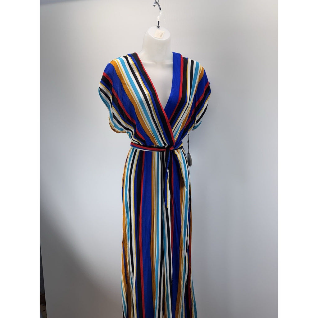 MILK & HONEY Rainbow Striped Jumpsuit Stretches At Waste Zips Up Back Size Med