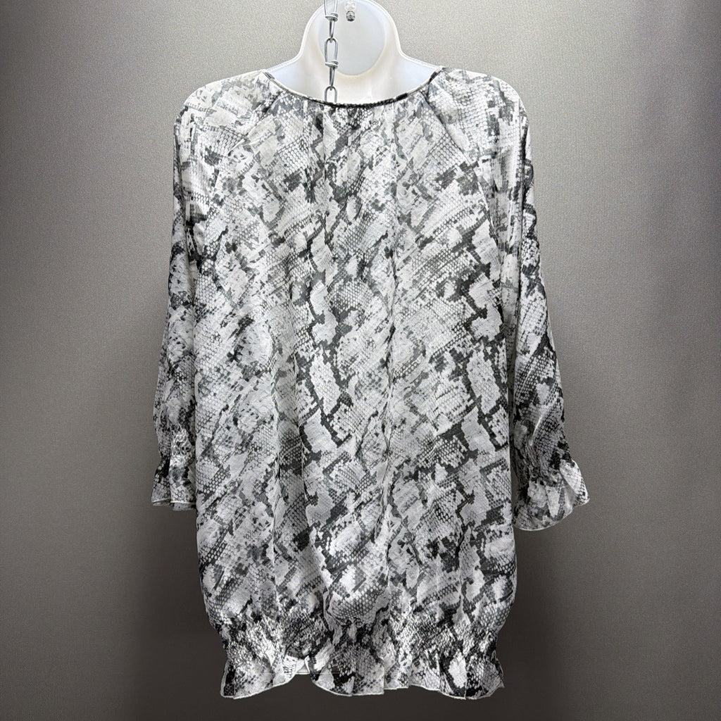 Chico’s 2 /L Top Animal Print Sheer Shell Lite Wt Elastic Hem Cut Out Sleeves