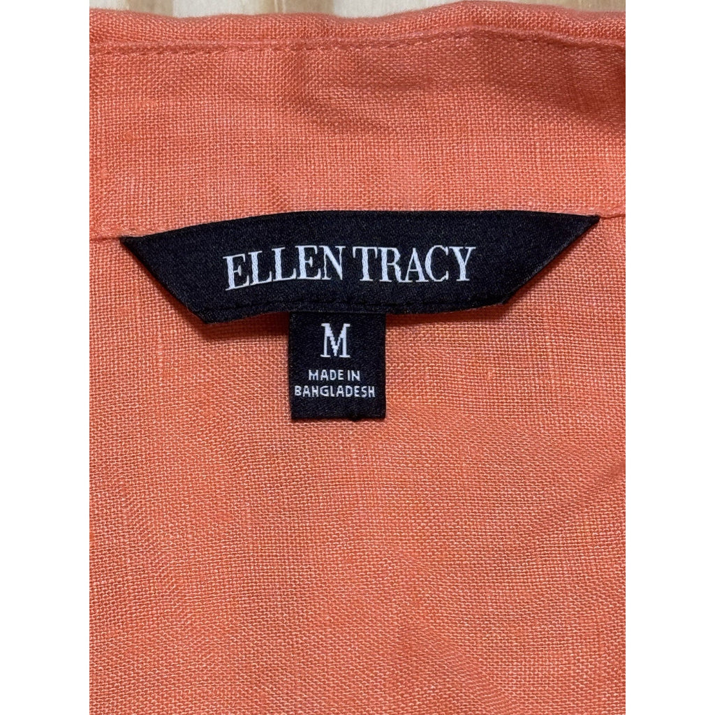 Ellen Tracy 100% Linen Blouse Womens M Coral Orange Tunic Popover 3/4 Sl