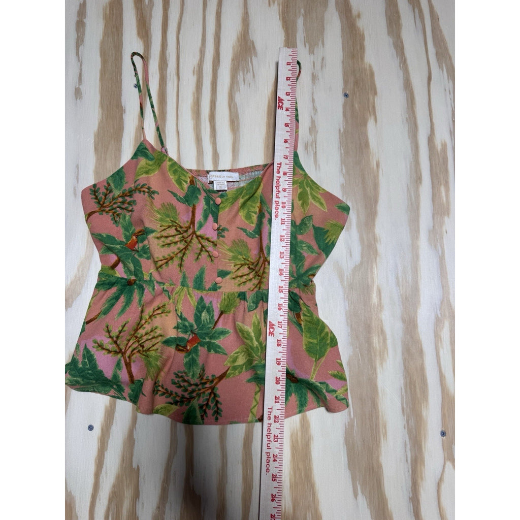 Tropical Peplum Cami Top Women’s XL Pink Green Button Front Rayon Linen Boho