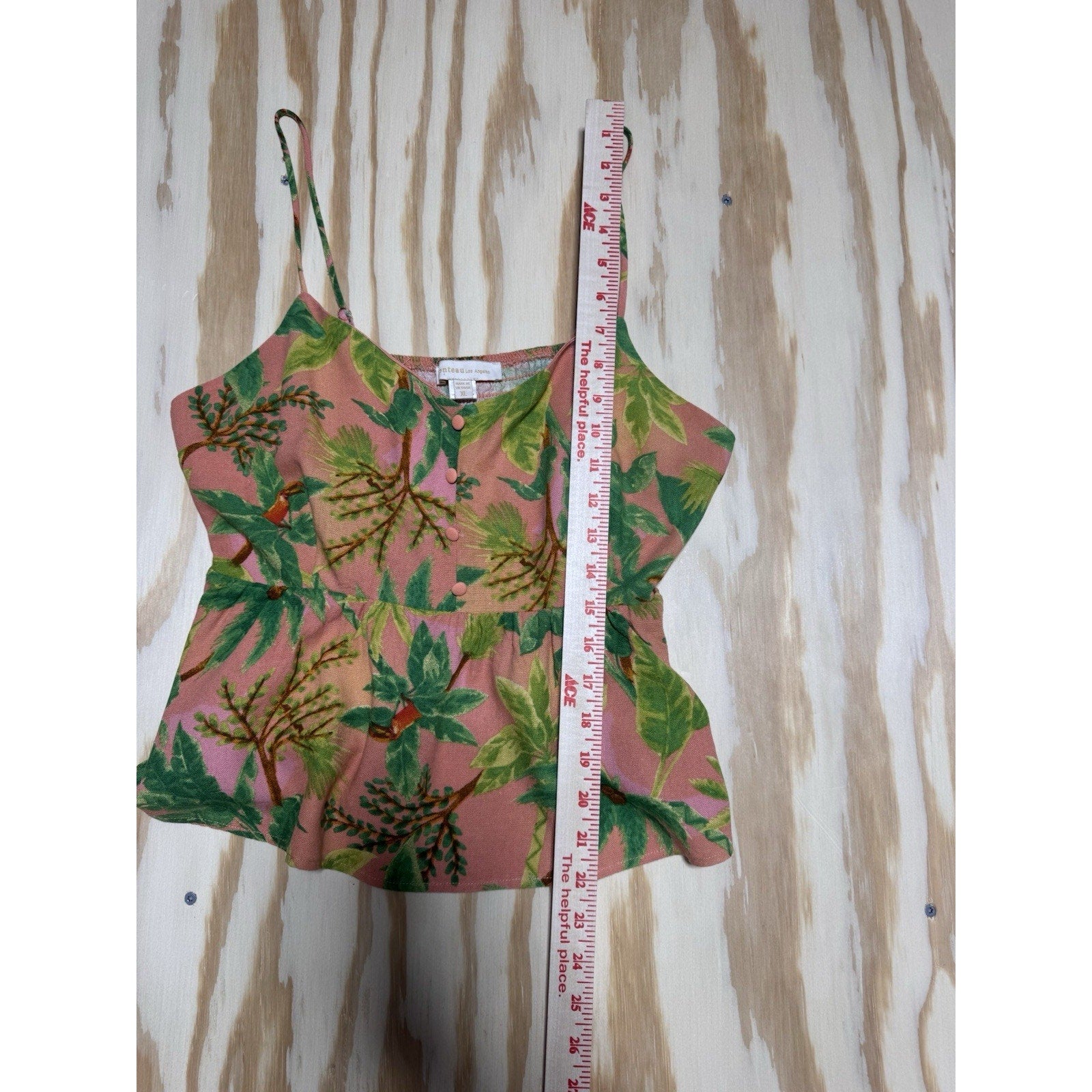 Tropical Peplum Cami Top Women’s XL Pink Green Button Front Rayon Linen Boho