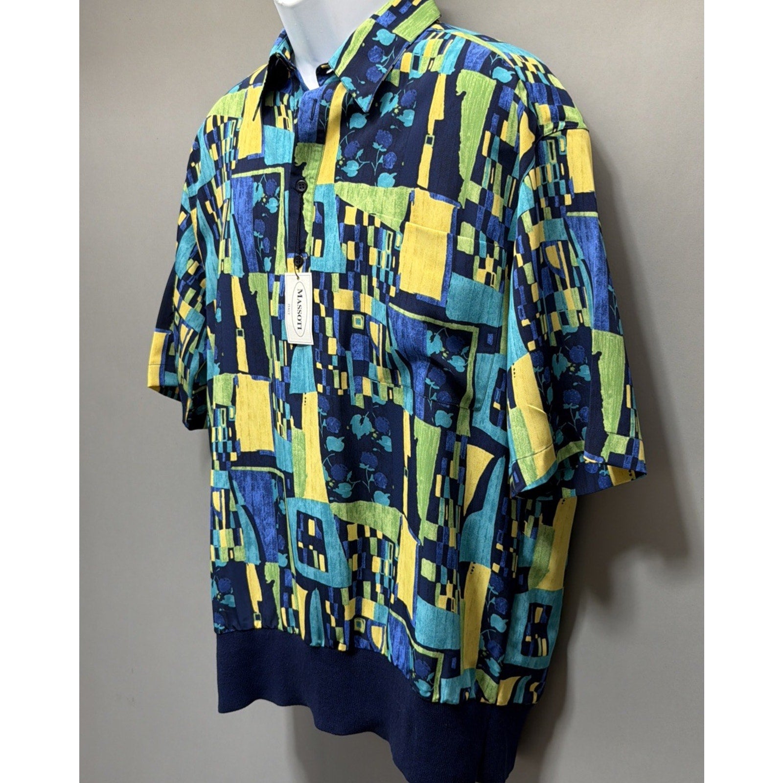 Massoti Italy Shirt Men L Short Sleeve 1/4 Button Abstract Golf Beach Luxury NWT