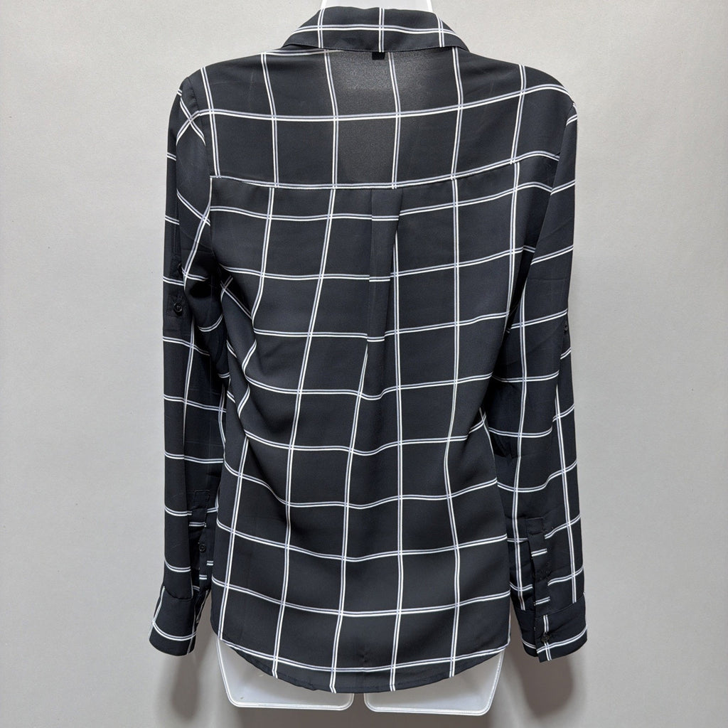 Express Roll Sleeve Button Down Boyfriend Shirt, Black Plaid, Size XS