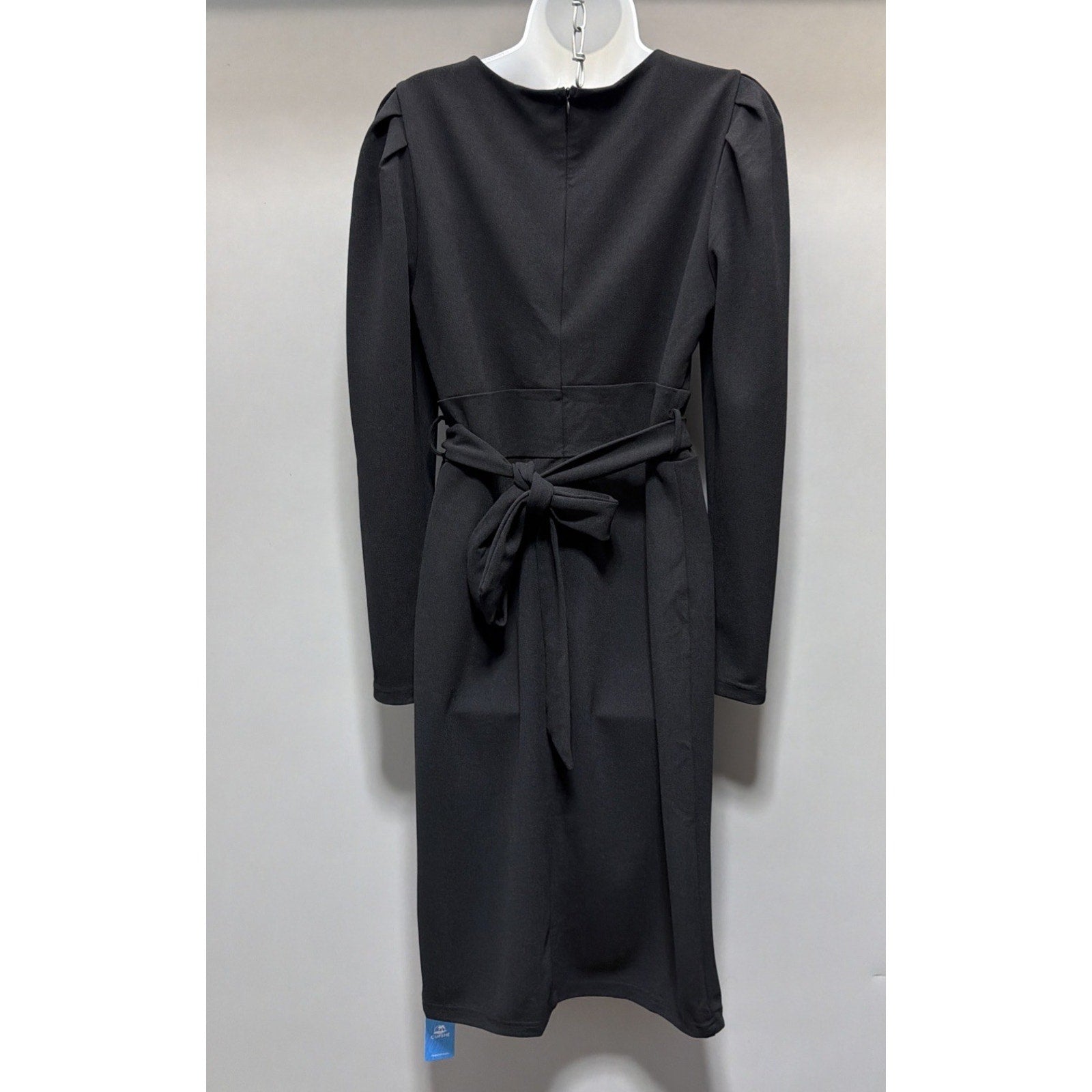 Cupshe Black Puff Shoulder Long Sleeve V Neck Midi Dress Tie Size L NWT