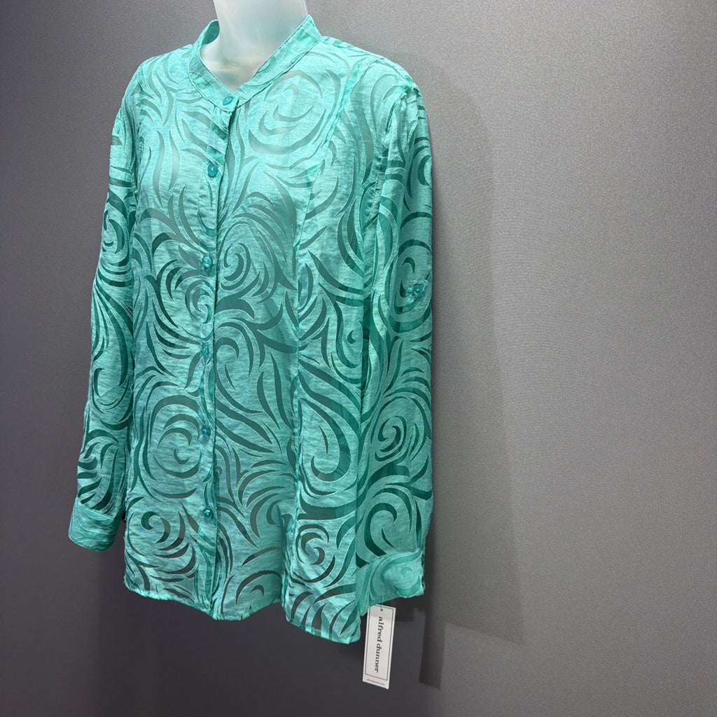 Alfred Dunner Plus Sz 20 Burnout Cover Up Lace Aqua Button-Up Blouse NWT