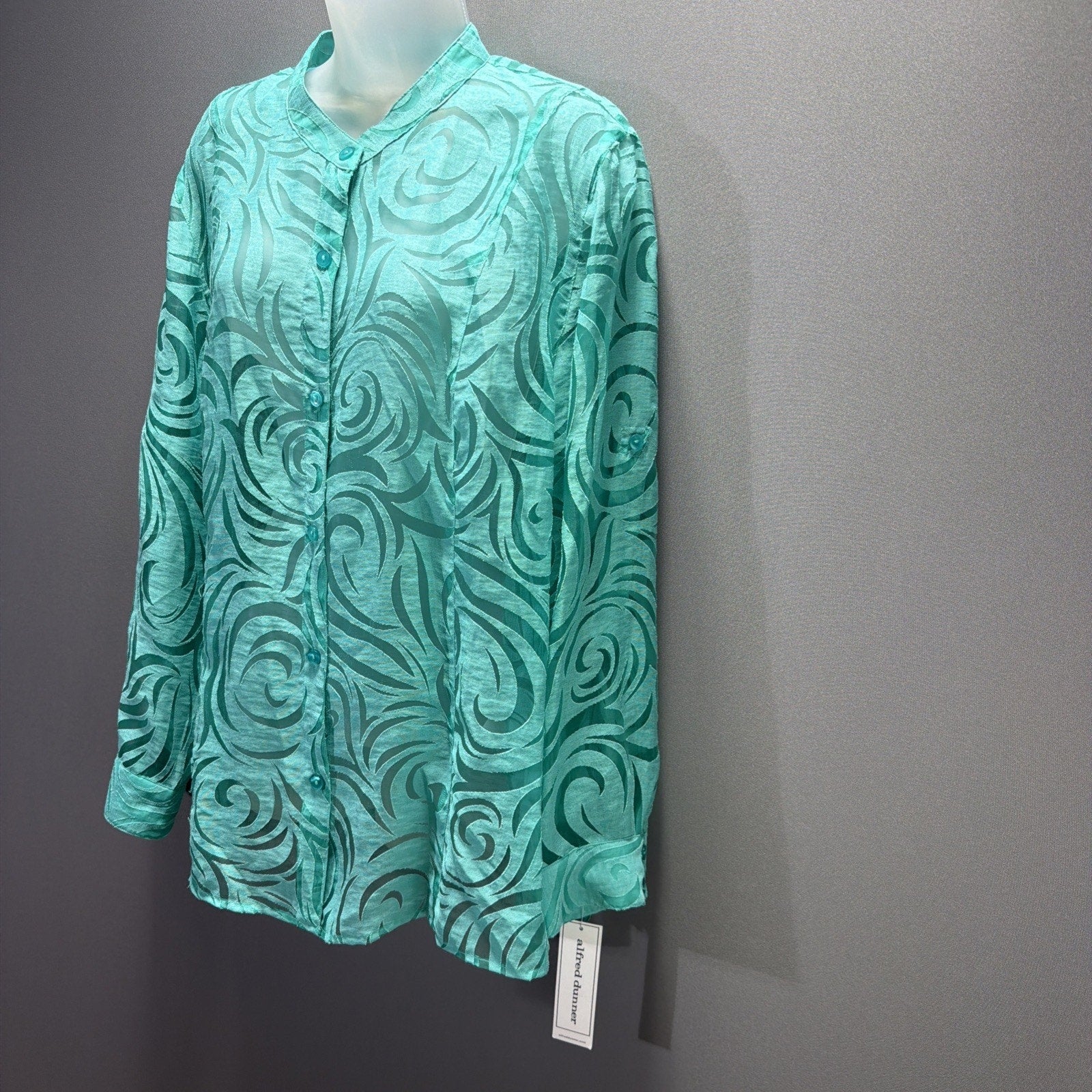 Alfred Dunner Plus Sz 20 Burnout Cover Up Lace Aqua Button-Up Blouse NWT