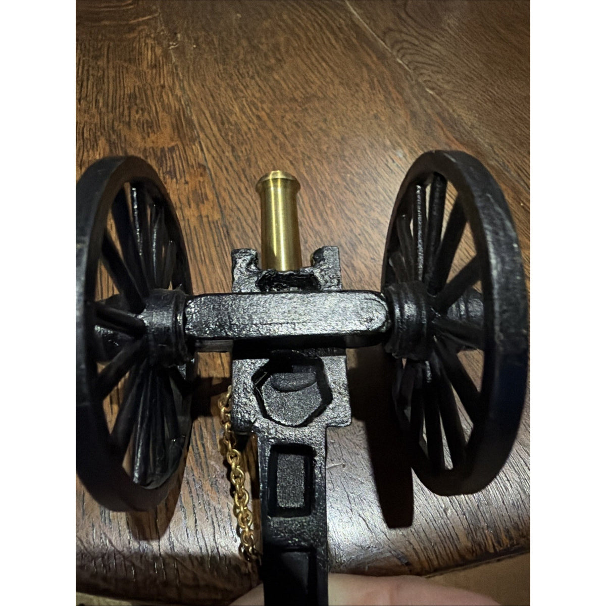 Miniature Cannon Brass Barrel Black Metal Carriage Spoked Wheels Military Decor