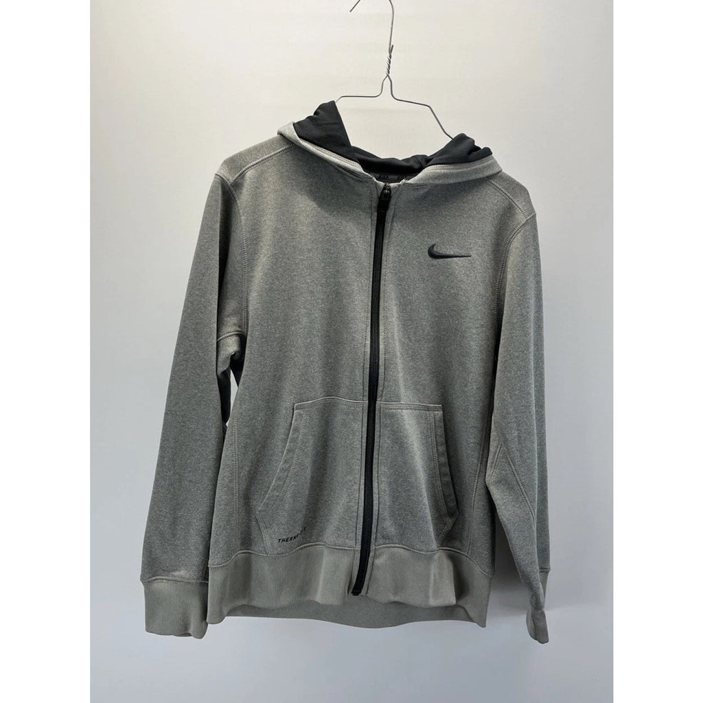 Nike Therma-FIT Boys Large Gray Black Full Zip Hoodie Jacket Youth L Swoosh