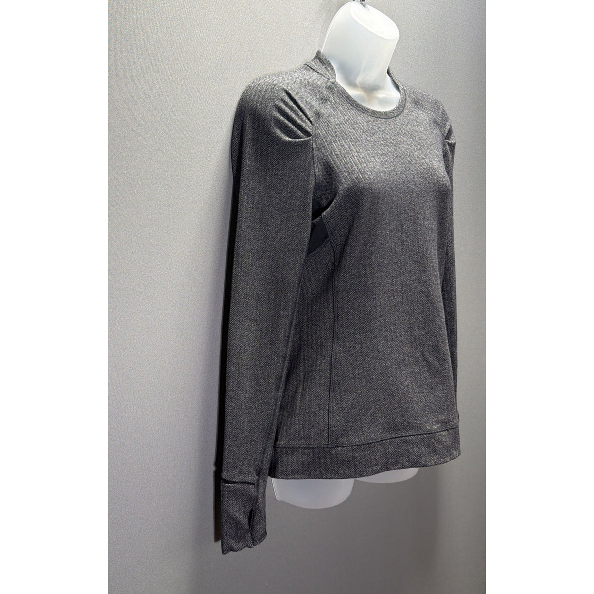 Lululemon Think Fast Long Sleeve Top Womens 8 Gray Herringbone Rulu Thumbholes