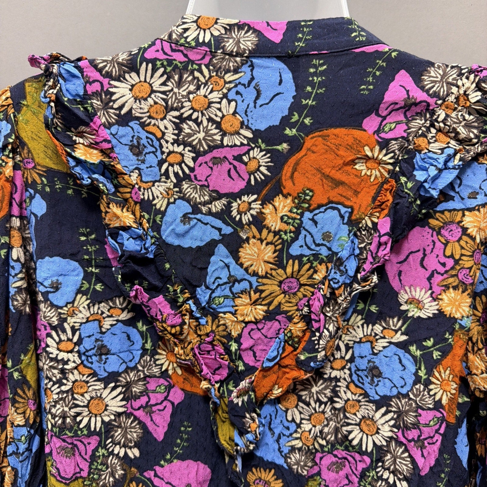 FRNCH Paris Blue Floral Size M Women's Top Button Up Long Sleeve Blouse