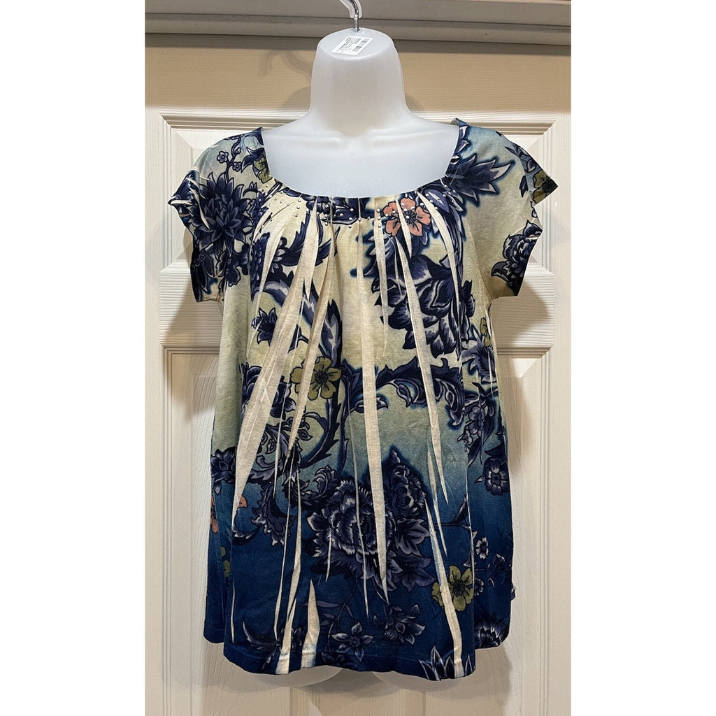 Jane Ashley Blue Floral Abstract Short Sleeve Scoop Neck Top Women's Size Small