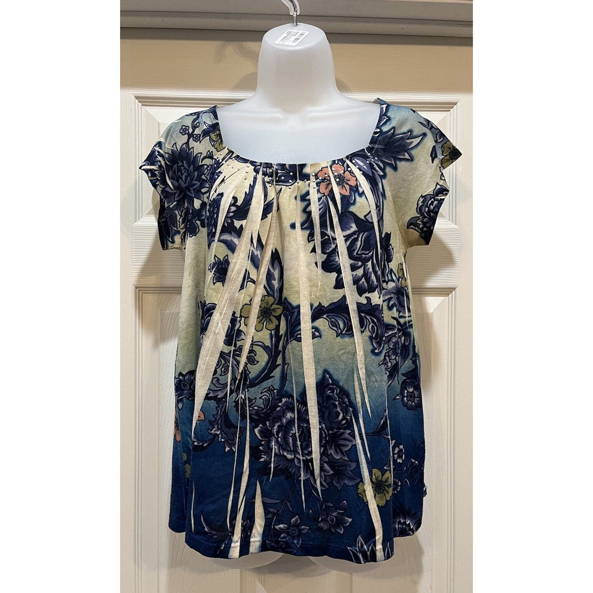 Jane Ashley Blue Floral Abstract Short Sleeve Scoop Neck Top Women's Size Small