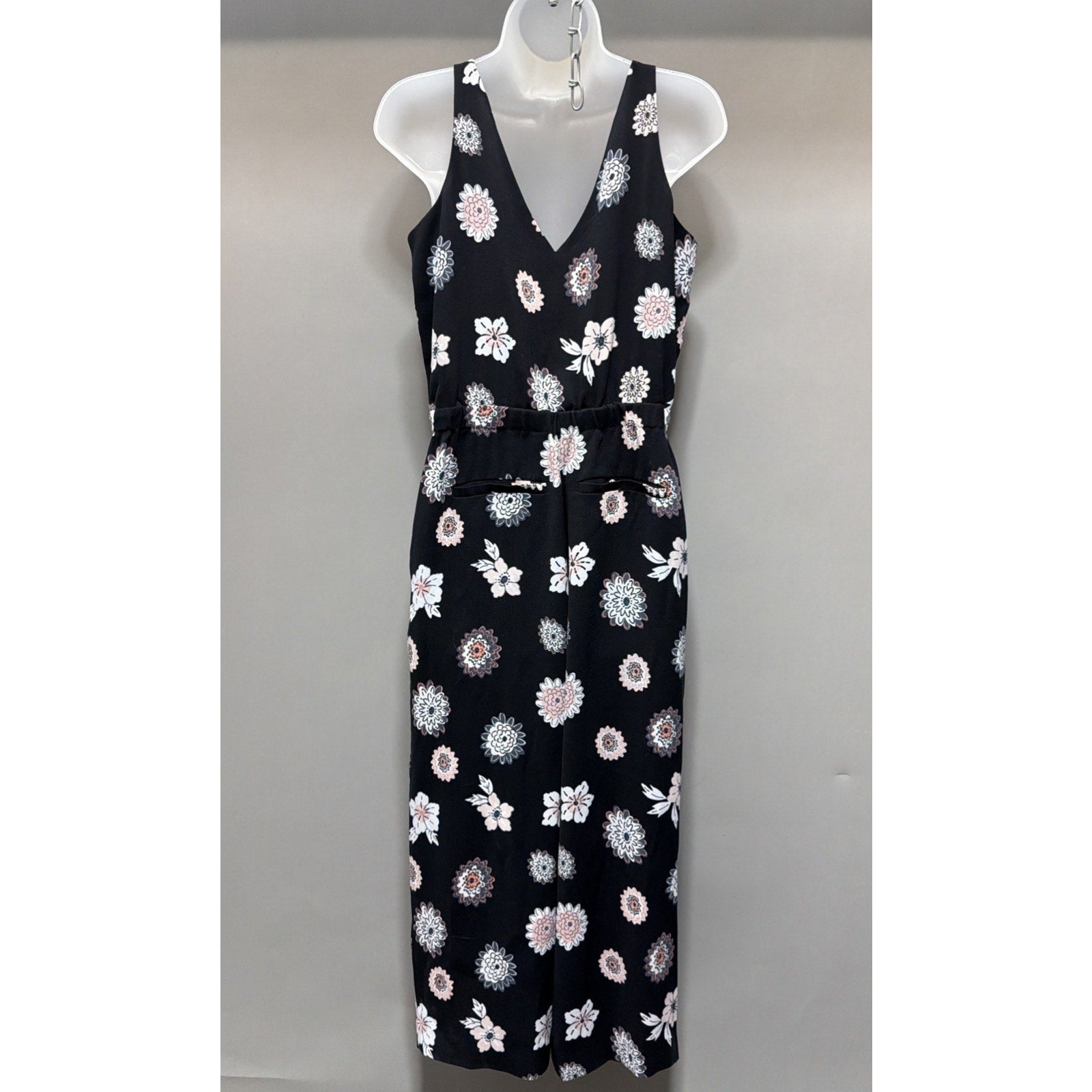 Ann Taylor Loft Black Floral Sleeveless Romper Jumpsuit Pockets Sz S Petite