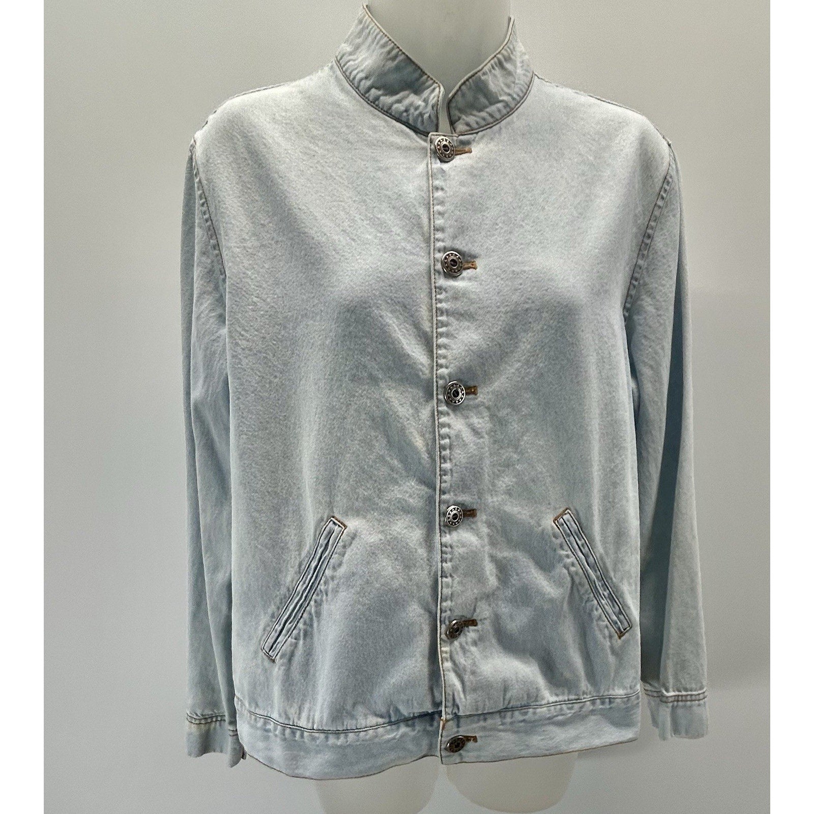 Chico's Woman's Blue Denim Button Up Long Sleeve Collar Cotton Jacket Top Medium
