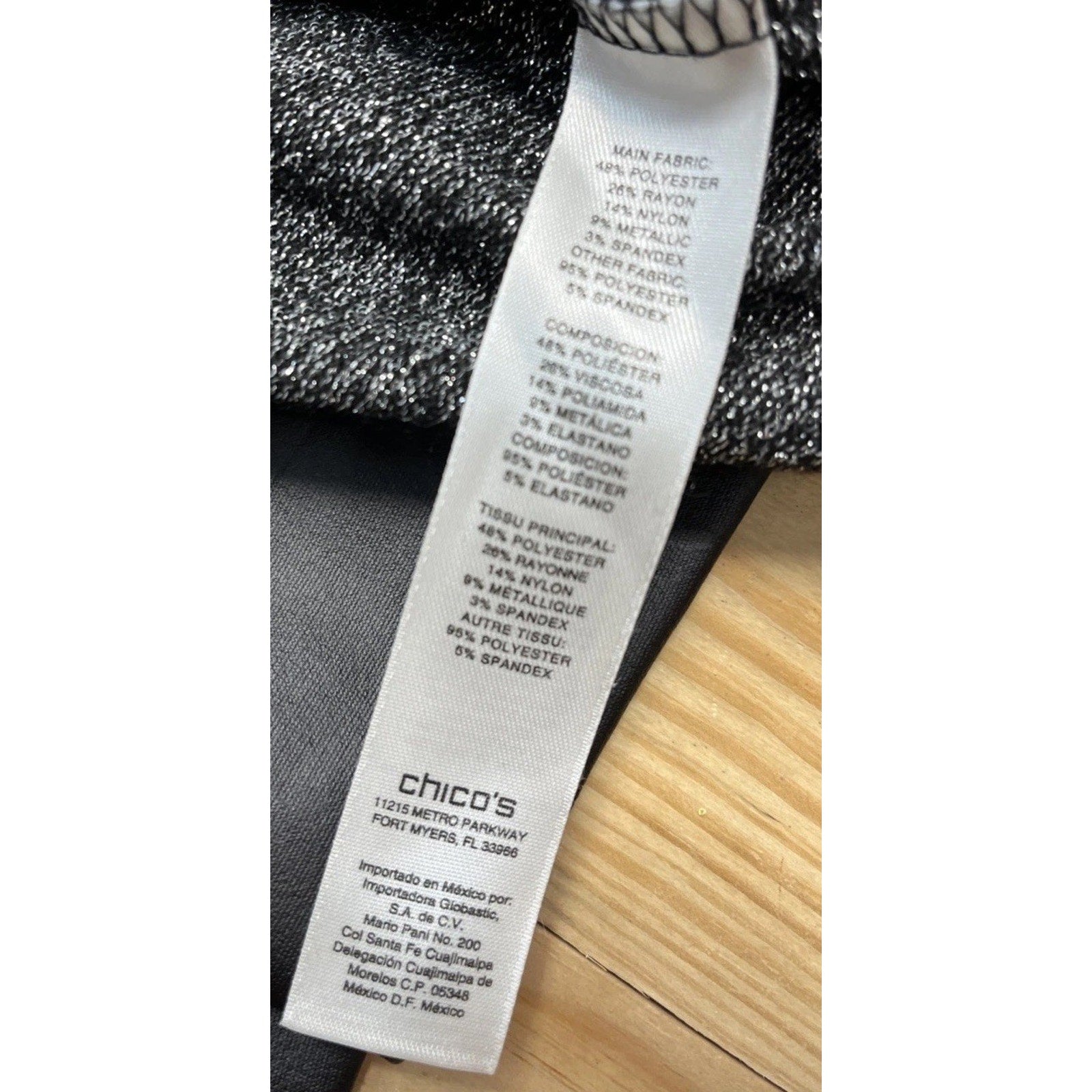 Chico's Womens Metallic Faux Leather Trim Blouse Size 1 Black Long Sleeve