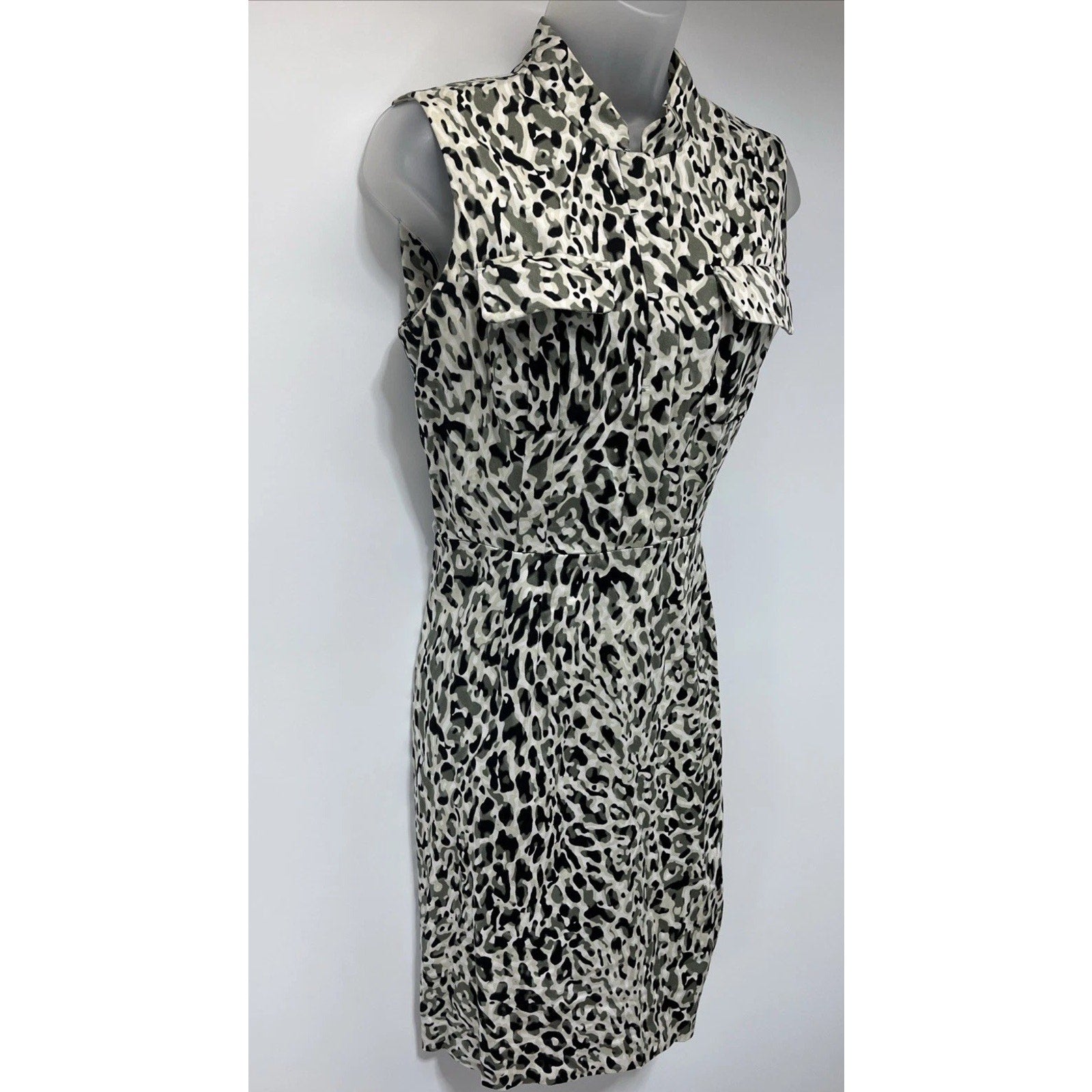 Calvin Klein Womens Sleeveless Animal Print Dress Pocket 1/2 Button Front Sz 10