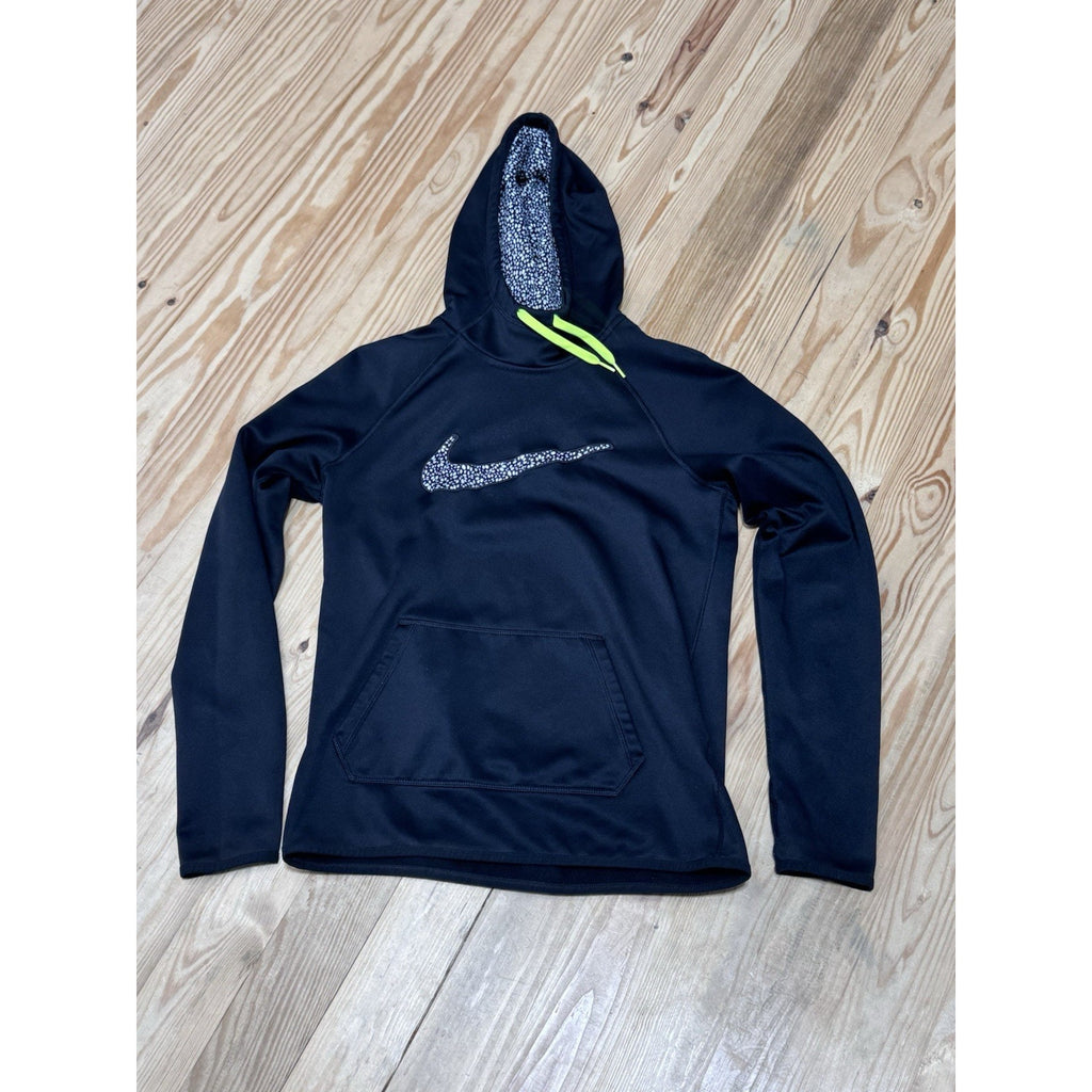 NIKE Hoodie Womens Small Black Pullover Fleece Hooded Therma-Fit Center Check