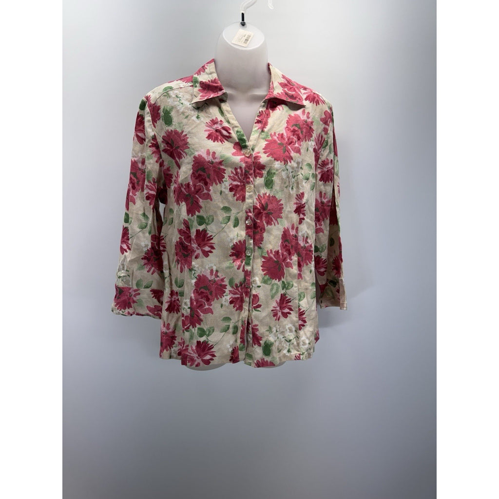 JM Collection Womens Linen Button Down Floral Blouse Sz 10