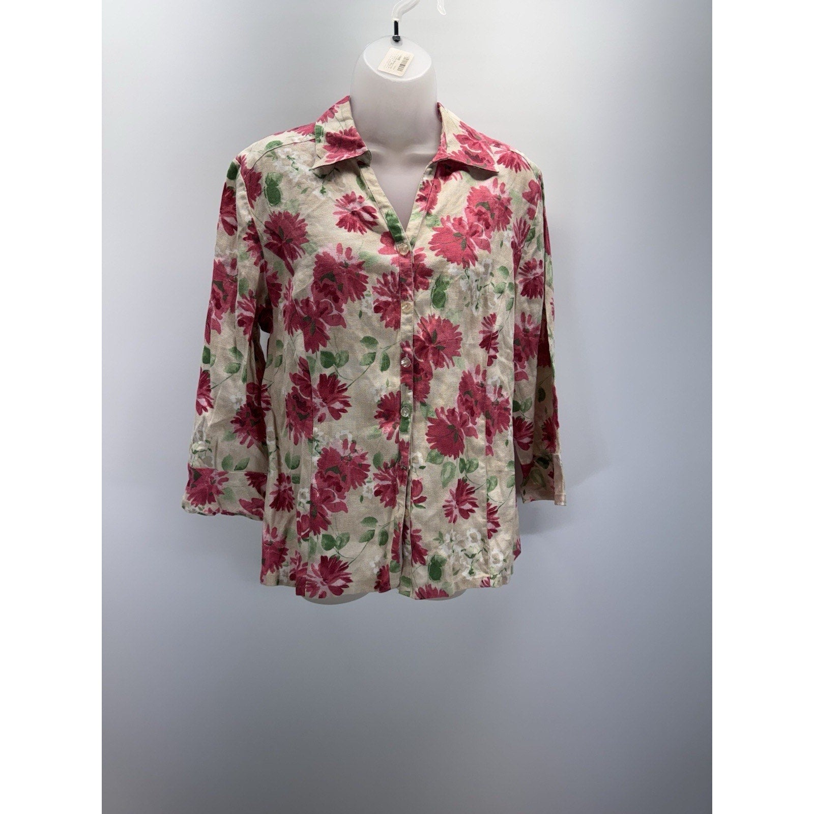 JM Collection Womens Linen Button Down Floral Blouse Sz 10