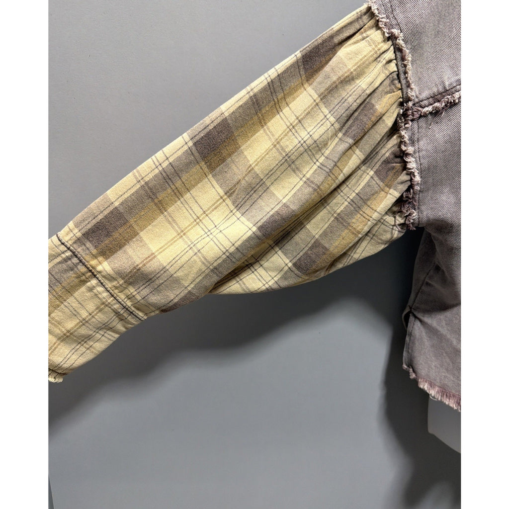 POL Oversized Plaid Sleeve Raw Edge Shirt Jacket Size S