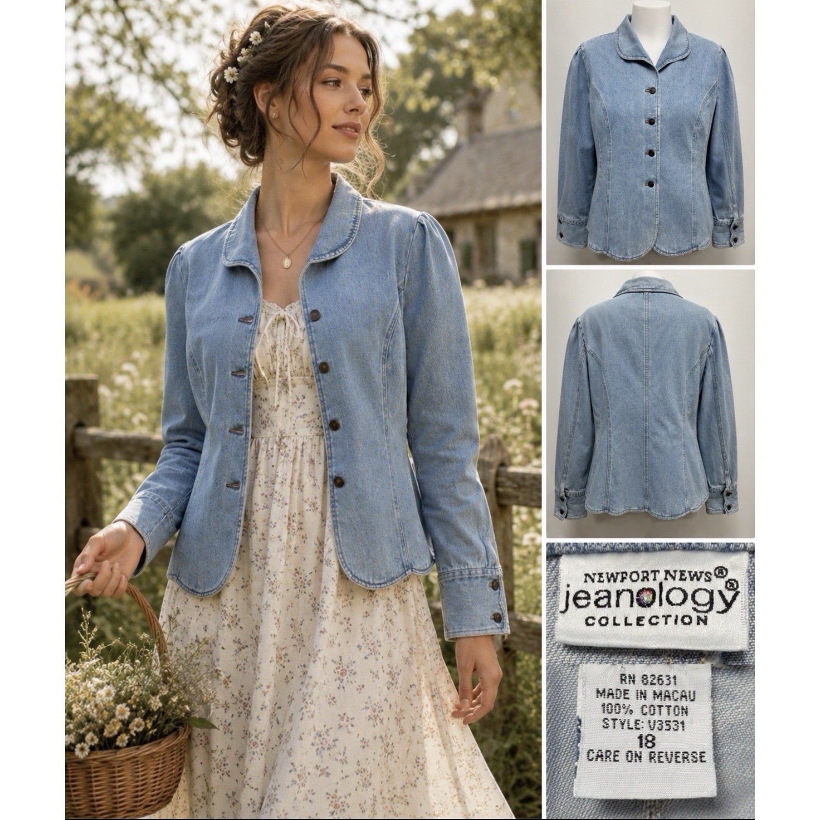 Newport News Jeanology Denim Jacket Women 18 Light Wash Button Front Stretch