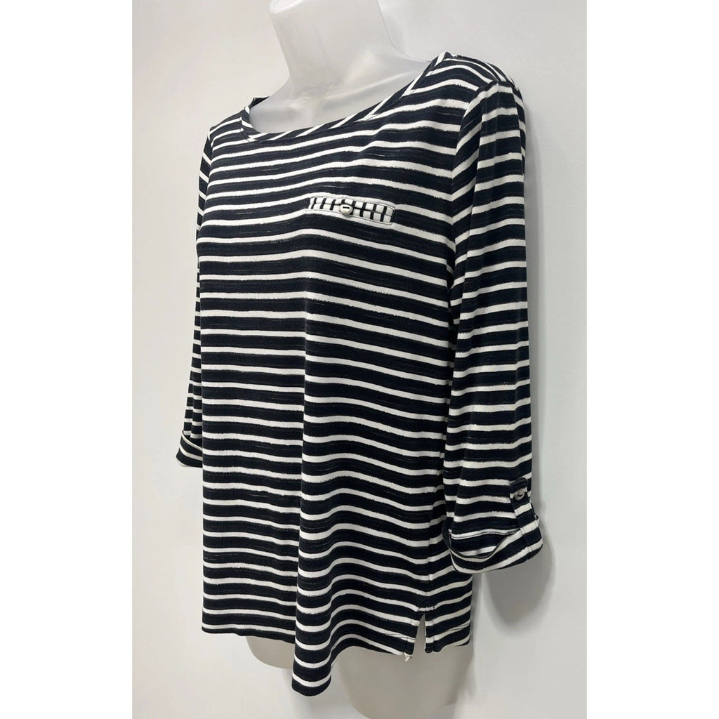 Croft & Barrow Black/White Striped Roll Tab Sleeve Pullover Top Blouse Size M