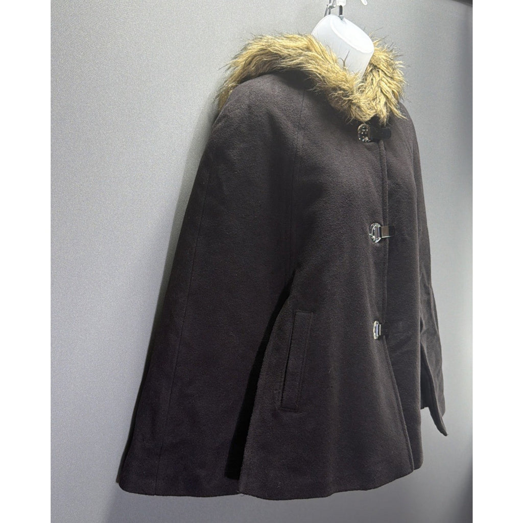 $250 Michael Kors Wool Cape Coat with Faux Fur Trim Hood Sz Large