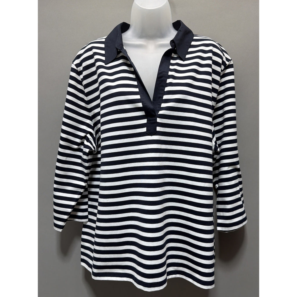 New Talbots White/Navy Blue Striped Johnny Collar Long Sleeve Top Plus Size 3X